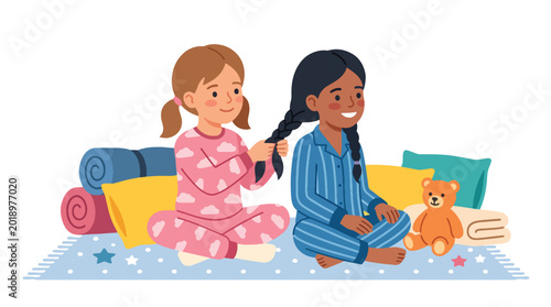 Bilde på lerret Modern flat vector illustration of two little girls braiding each other hair dur
