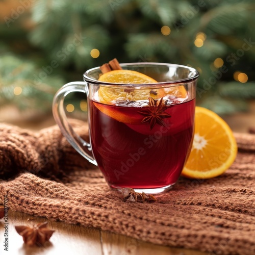 Warm Drink With Spices and Orange Slices on a Cozy Table During Winter Evening
