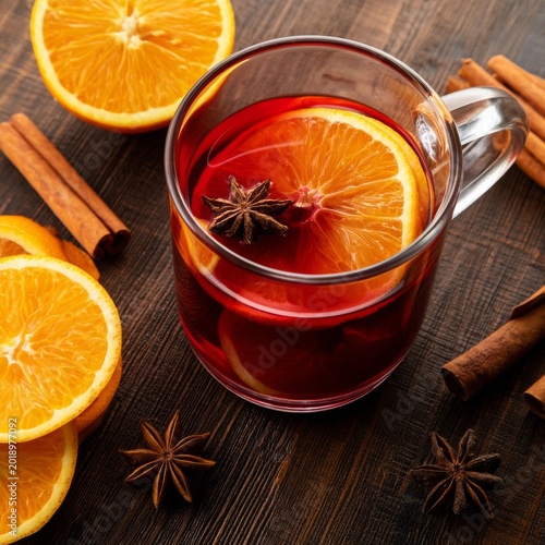 Warm Drink With Spices and Orange Slices on a Cozy Table During Winter Evening