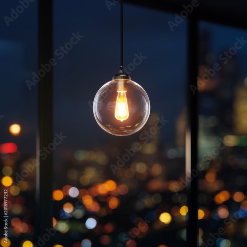 Light Bulb Hangs in a Modern Room Overlooking a City Skyline at Night