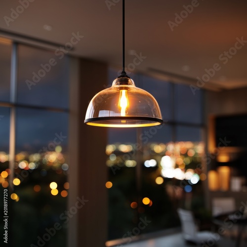 Light Bulb Hanging in a Modern Room With City Lights Visible at Night