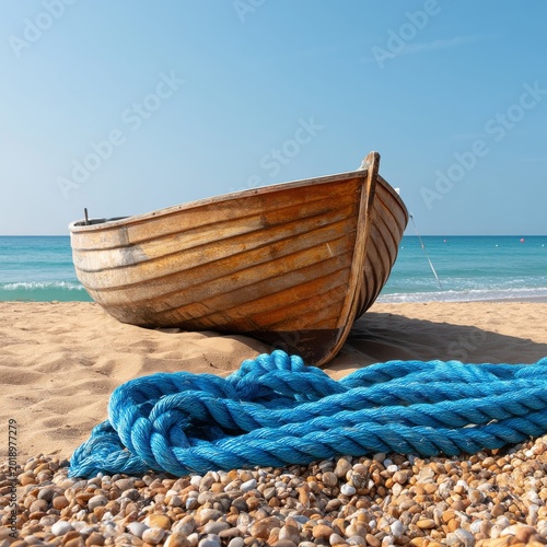 Wooden Boat Resting on Sand With Blue Rope Near the Beach and Water in a Brig...