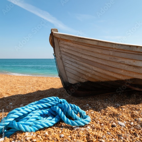 Wooden Boat Resting on Sand With Blue Rope Near the Beach and Water in a Brig...
