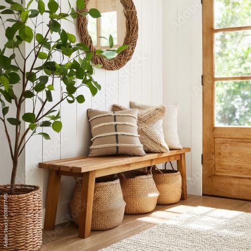 Bench and Baskets Near the Entrance of a Home With a Plant and Mirror on the ...