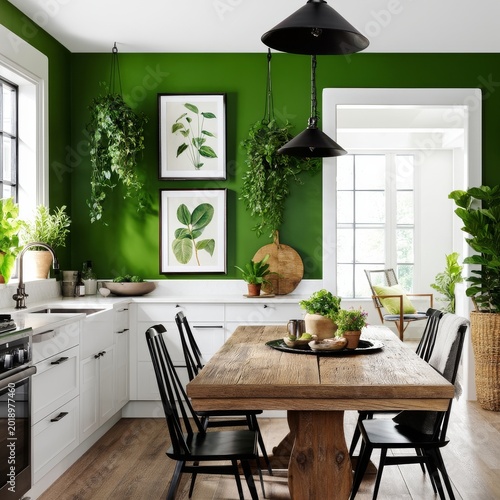 Kitchen Interior With Wooden Table and Green Walls in a Bright Space With Pla...