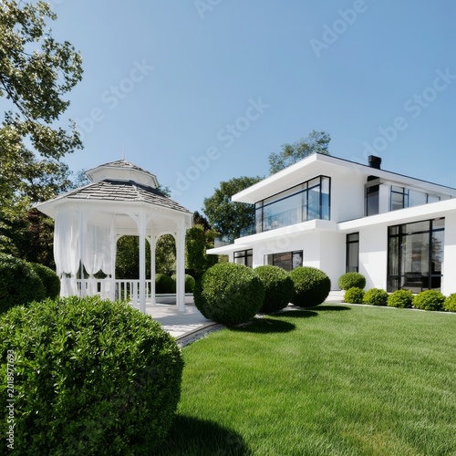 Modern House With a Gazebo and Well-Kept Lawn During Daylight in a Wooded Area