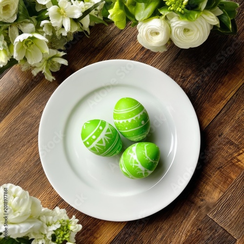 Colorful Eggs on a White Plate With Flowers in the Background During a Spring...