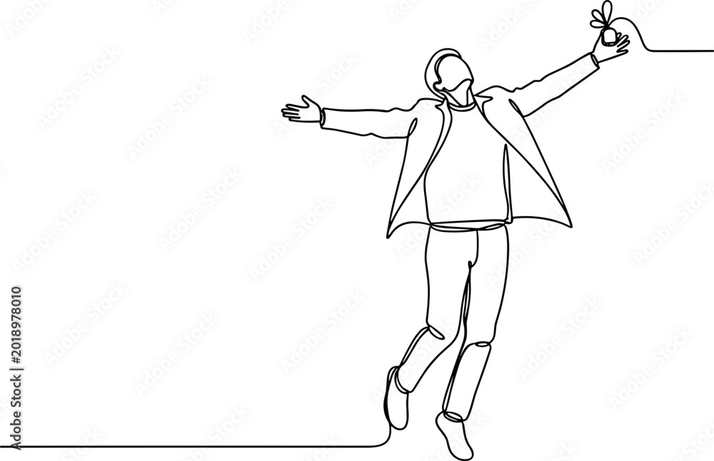 Fototapeta premium Man celebrating victory, arms wide open, holding a small gift, line art illustration