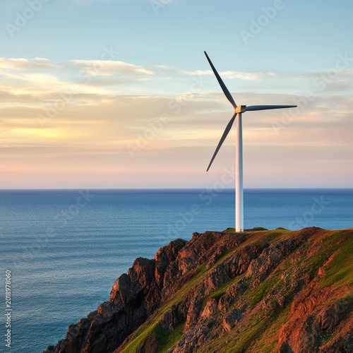 Wind Turbine Stands on Hill Against Ocean and Colorful Skies at Sunset