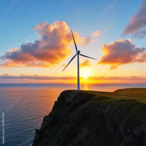 Sunrise Over Ocean With Wind Turbine on Cliff Edge Near Coastal Horizon