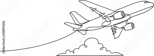 Obraz na płótnie Line Art Airplane Ascending Above Clouds, Travel Concept