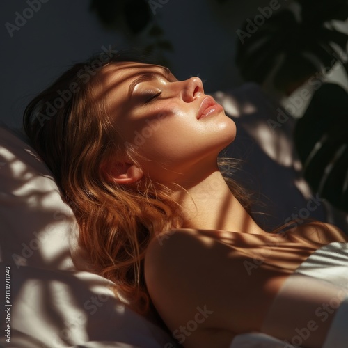 Model Relaxes on a Bed While Sunlight Casts Shadows From Plants in the Backgr...