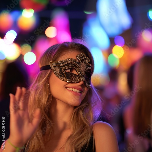 Woman Waves at Festival While Wearing a Mask Under Bright Lights at Night