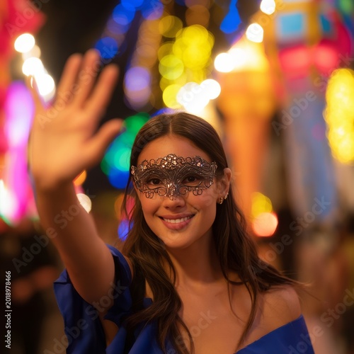 Woman Wearing Mask Waves at the Camera During Night Celebration With Colorful...