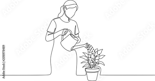 Woman watering potted plant with watering can, single line art illustration