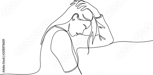 Foto Continuous line drawing of a woman with long hair, head in hands, expressing sadness or contemplation