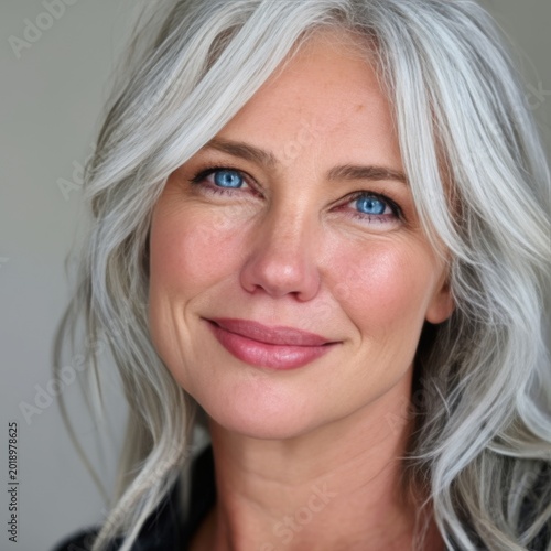Beautiful Woman With Silver Hair Smiles and Looks Directly at the Camera in a...