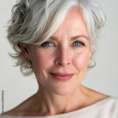 Woman With Gray Hair Smiles at the Camera in a Simple Indoor Setting During D...