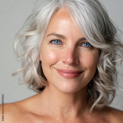 Woman With Gray Hair Smiles at the Camera in a Simple Indoor Setting During D...