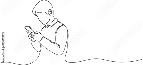 Fotografija Continuous line drawing of a young man engrossed in his smartphone, minimalist style