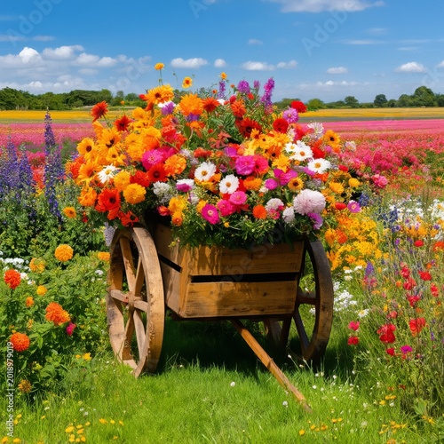 Colorful Flower Cart in a Field During Sunny Day With Blue Sky and Green Tree...