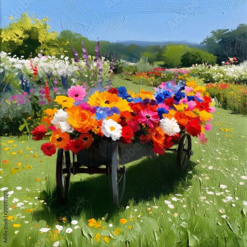 Garden With Colorful Flowers and a Wooden Cart in Sunlight