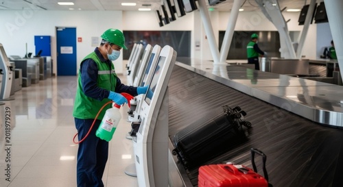 A worker in protective gear sanitizing an airport luggage carousel with a spray bottle