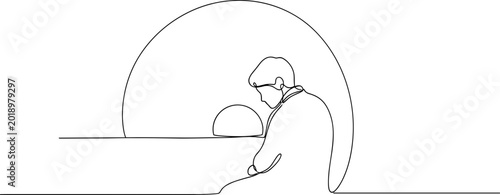 Tableau sur toile Man in profile contemplating a large circular object, minimalist line art