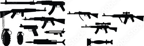 Foto Military, weapon, silhouettes, set, black, isolated, white, background, guns, assault, rifles, grenades, pistols, sniper, equipment, combat, war, tactical, vector, illustration