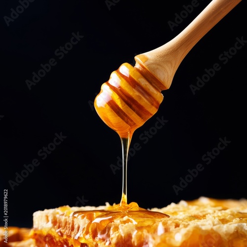 Honey Drips From a Wooden Dipper Over a Honeycomb in a Dark Setting