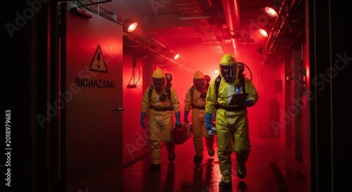 Hazmat team in protective suits walking down a red-lit corridor with biohazard sign