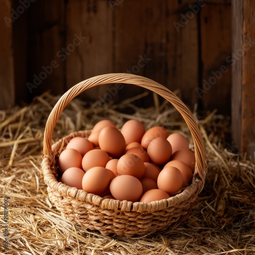 Basket Filled With Fresh Eggs Placed on Straw in a Barn During Daylight Hours