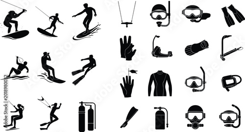 Konstfotografi Water sports silhouettes, scuba diving gear icons, snorkeling equipment illustra