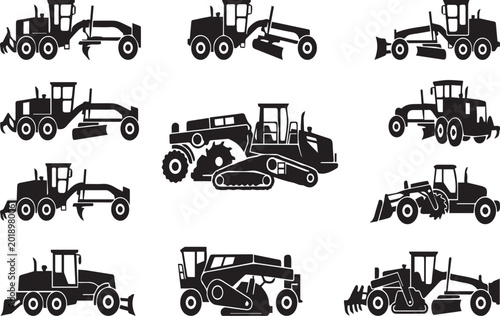 Photos Heavy Motor Grader and Soil Stabilizer Machinery Silhouettes