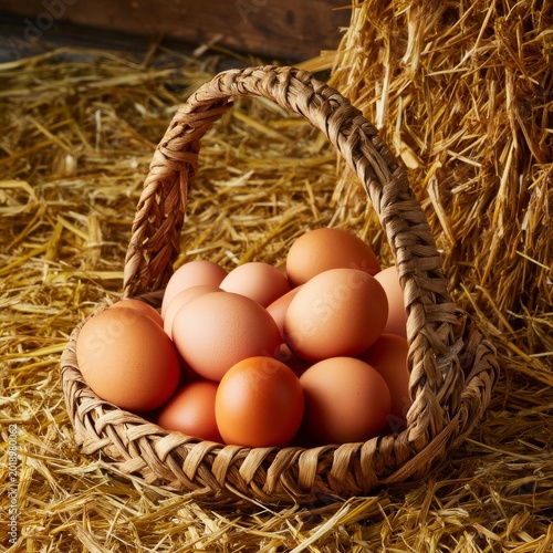 Fresh Eggs Gathered in a Basket Placed on Straw in a Farm Setting at Sunrise