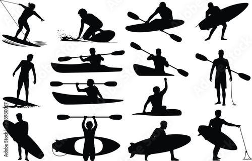 Canvas Print Water sports silhouettes, surfing kayaking paddleboarding icons, aquatic recreat