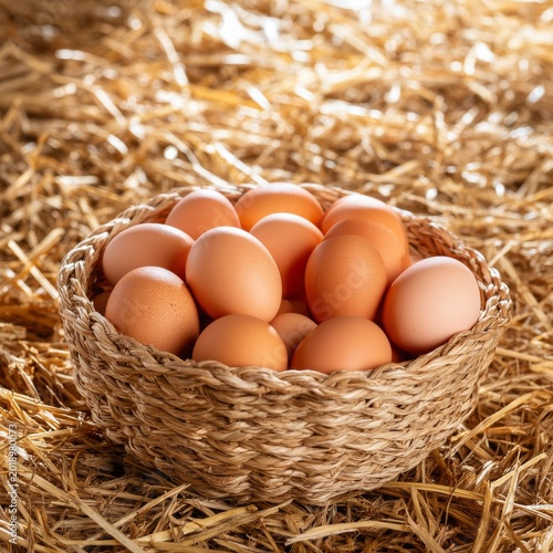 Fresh Eggs Gathered in a Basket Placed on Straw in a Farm Setting at Sunrise