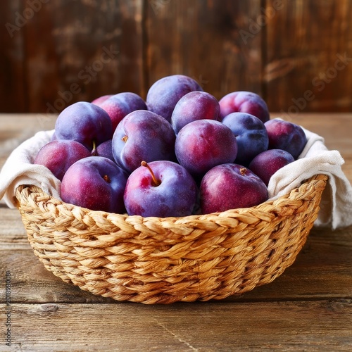 Fresh Plums in a Woven Basket on a Wooden Table in a Simple Kitchen Setting
