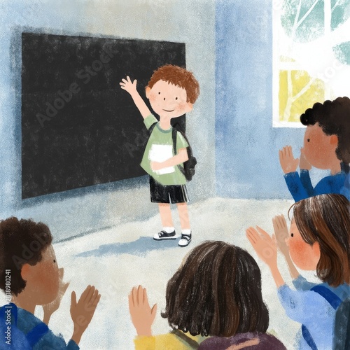 Child Gives Presentation in Classroom While Classmates Applaud and Teacher Wa...
