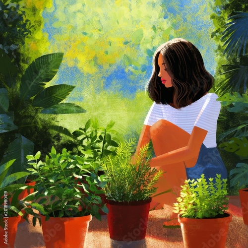 Woman Tending to Plants in Colorful Garden in Daytime