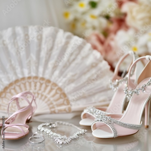 Bridal Accessories and Shoes Arranged on a Surface With Flowers in the Backgr...