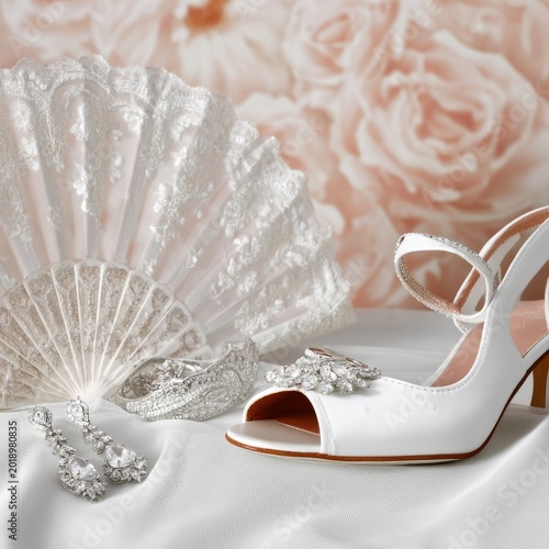 Bridal Accessories and Shoes Arranged on a Surface With Flowers in the Backgr...