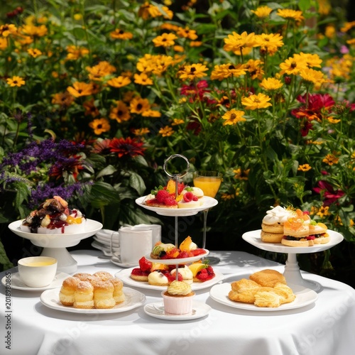 Women Enjoy Dessert and Drinks at a Garden Party With Colorful Treats and Flo...