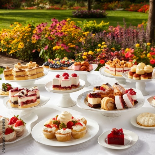 Women Enjoy Dessert and Drinks at a Garden Party With Colorful Treats and Flo...