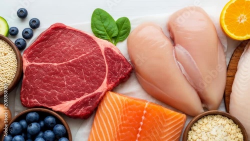 Colorful assortment of fresh fruits, vegetables, grains and proteins arranged on a white surface, zooming in to reveal meat and fish closeup.