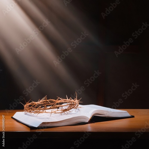 Crown of Thorns Placed on Open Book With Light Shining in Dark Space