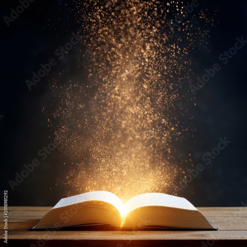 Magical Sparks Rise From Open Book on Table in Dark Space