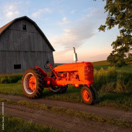 Old Orange Tractor Parked Near a Gray Barn at Sunset in a Rural Area