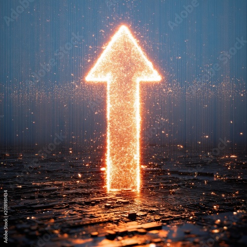 Lighted Arrow Points Upward in a Dark Environment With Rain or Water Reflecti...
