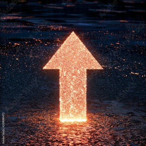 Digital Arrow Points Upward in a Futuristic City With Glowing Lights and Data...